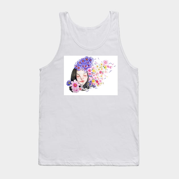 Watercolor Portrait Character Girl Woman Flowers Tank Top by SWEIRKI